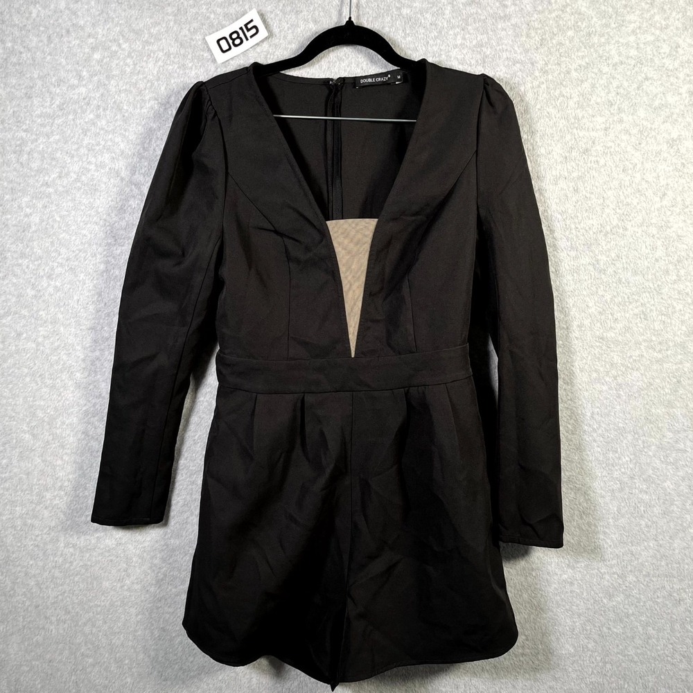 Double Crazy Romper Womens Medium Black Stretch V Neck Mesh Inset Back Zip